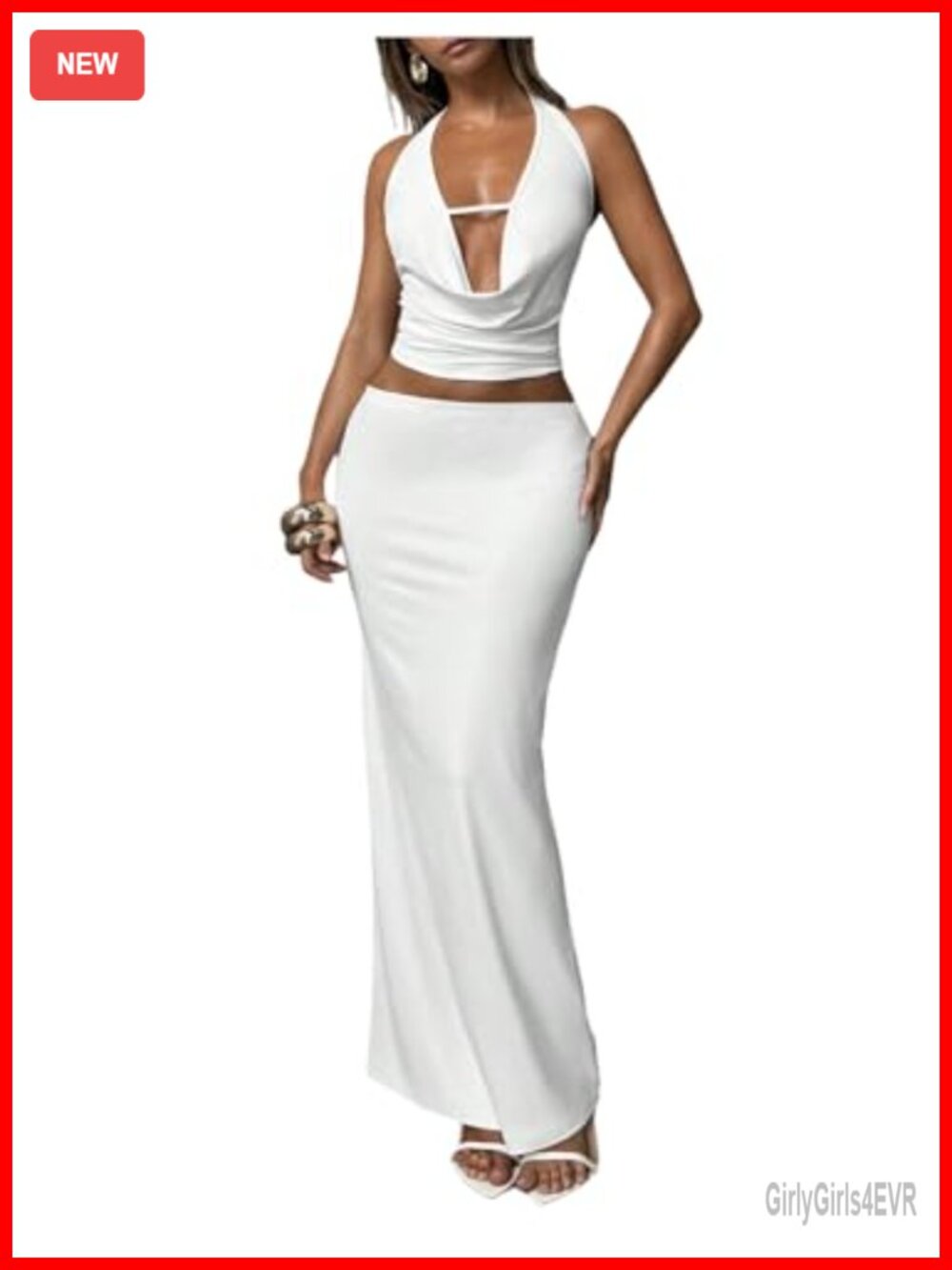 Women's 2 Piece Skirt Set Cowl Neck Sleeveless Halter Crop Top Bodycon Maxi